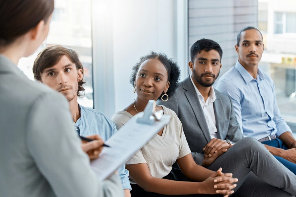 Recruitment, hiring and future business people in job interview waiting in line for human resources